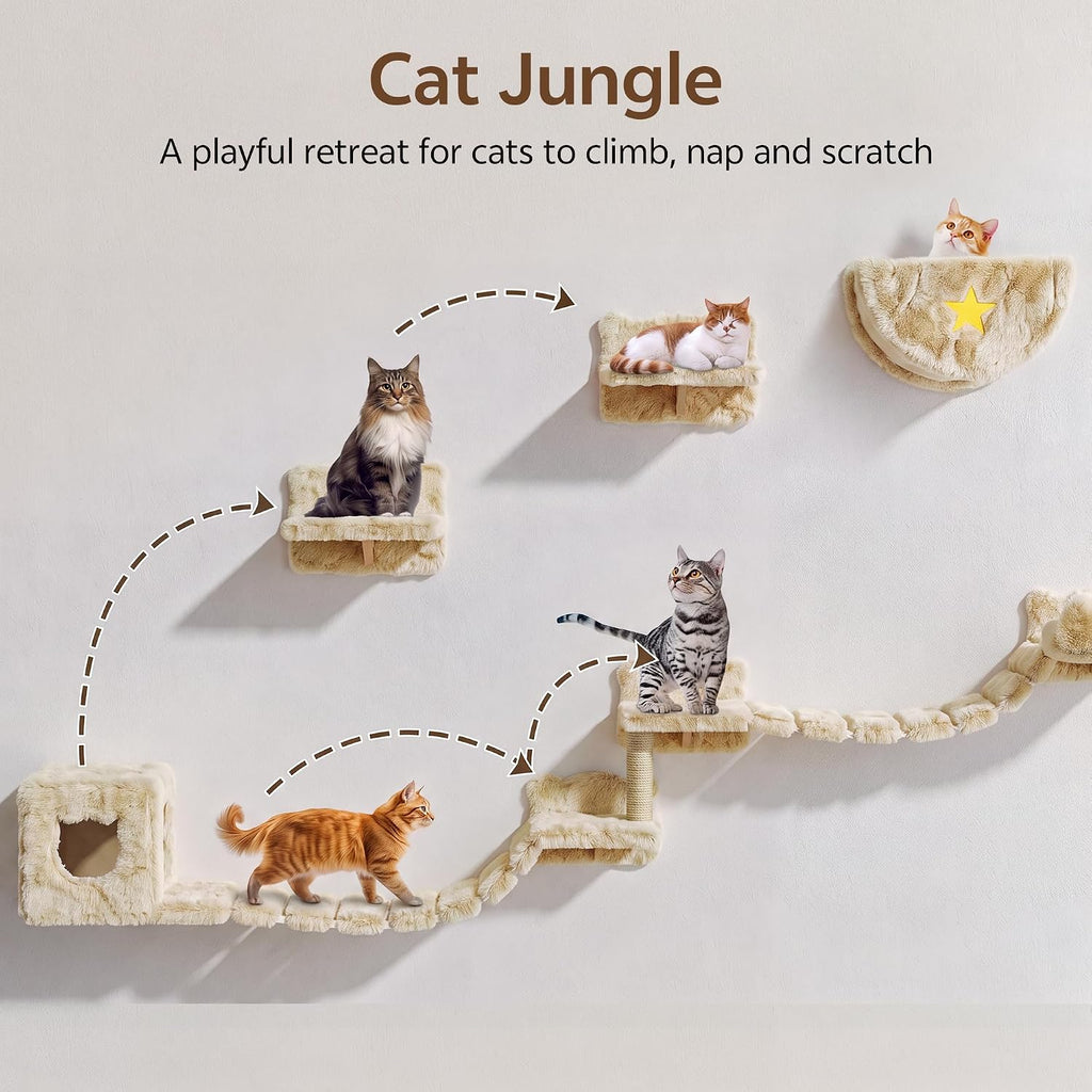 Cat Wall Furniture, 13 in 1 Moon & Bridge Cat Wall Shelves, Beige