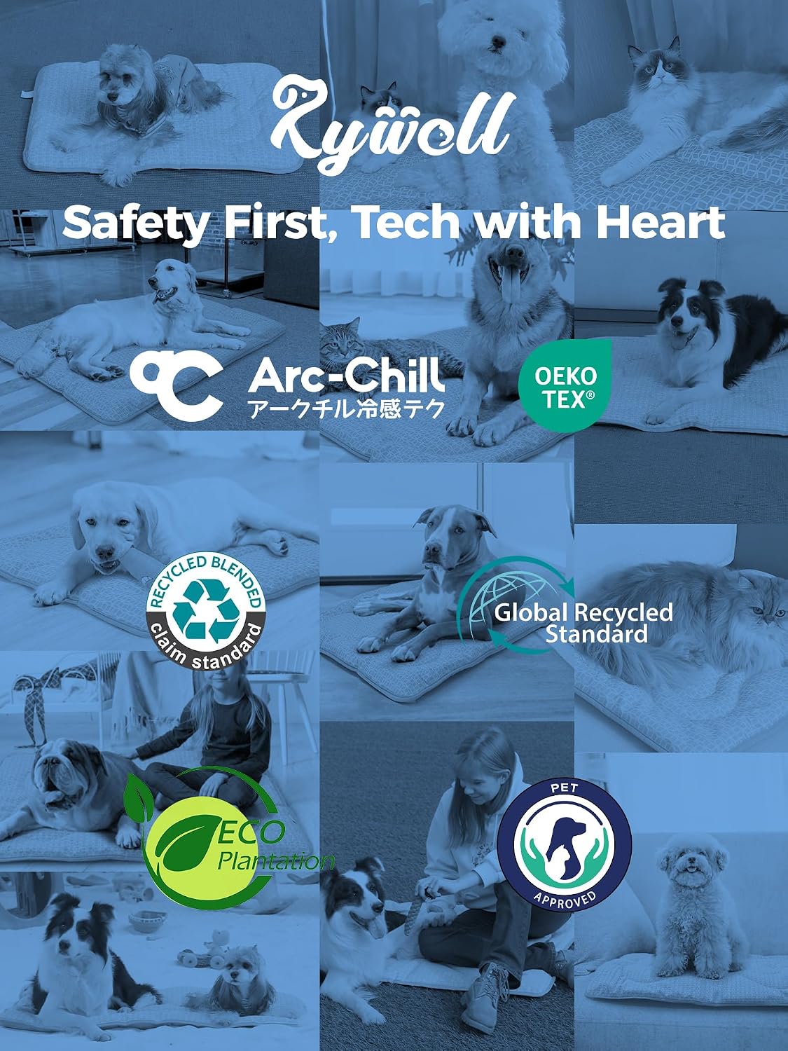 Rywell Thick PCM Dog Cooling Mat 30x20in, Color-Changing&Arc-Chill 3.0 Tech