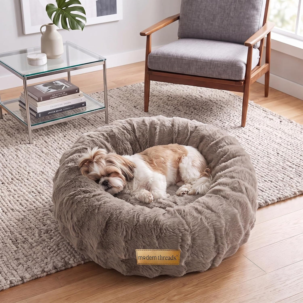 Modern Threads Calming Donut Dog Bed for Small Dogs, Plush Round Faux Fur Pet Bed with Raised Bolster, Soft Washable Dog Bed, 24x24x9, Taupe