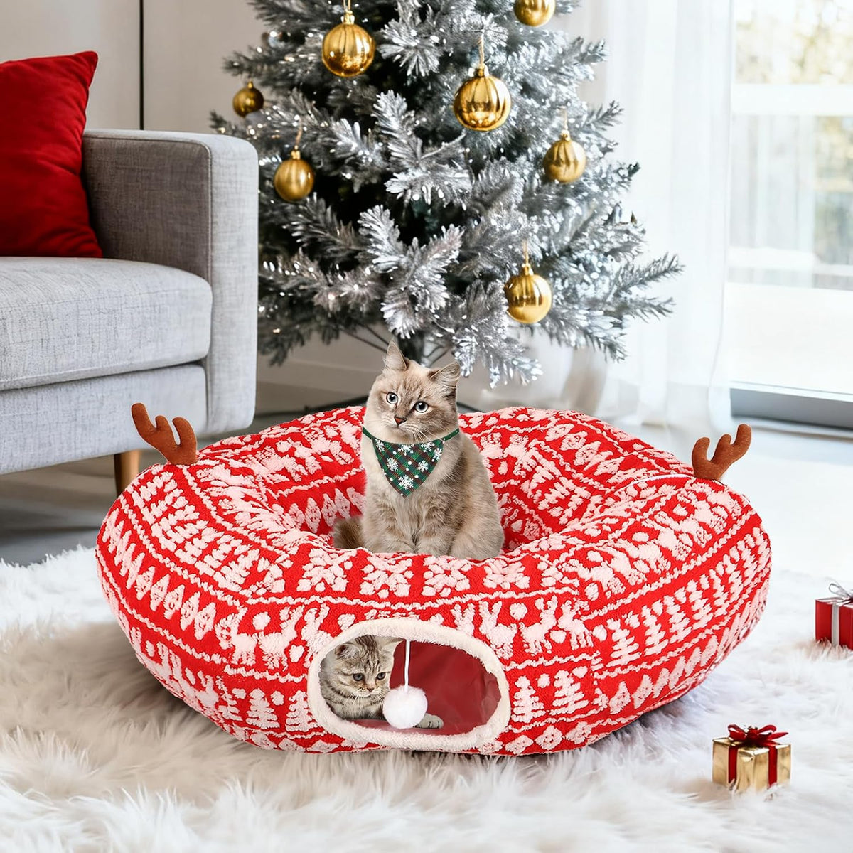 Cat Tunnel Bed Under Christmas Tree 35.4" Festive Circle Cat Tunnel with Feather Toys Adjustable Bibs Foldable Holiday Decorative Pet Cave for Indoor Cats Small Animals Fits Under Tree Skirt