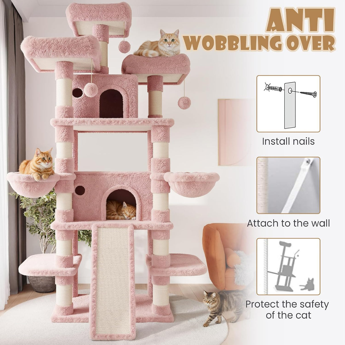 SHA CERLIN 81 Inches Extra Large Cat Tree for Indoor Adult Cats/XXL Big Cat Tower with Condo/Cozy Perches/Sisal Scratching Posts and Hammocks/Activity Center/F80/Heavy Duty/Pink