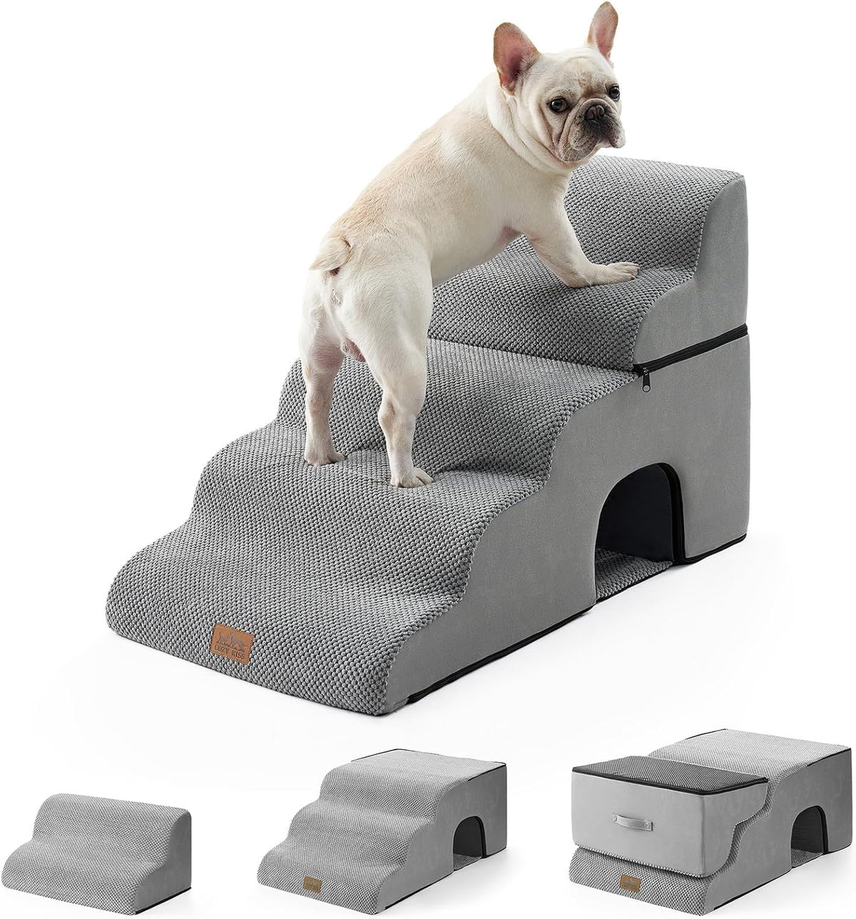 COZY KISS Extra Wide Small Dog Stairs with Tunnel, Pet Step for Bed, Grey