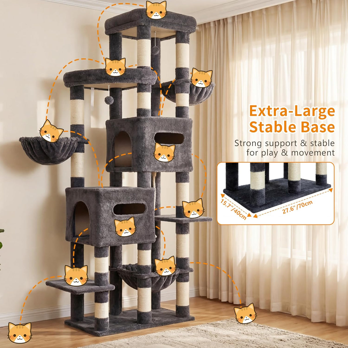 Heybly Cat Tree, 74.8-Inch Spacious & Tall Cat Tower for Large Cats HCT062G