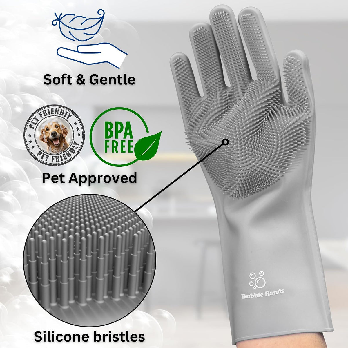 Dog Washing Gloves with Bristle Scrubbers, Reusable Silicone Gloves Ideal for Pet Bathing, Massaging & Grooming (Gray)