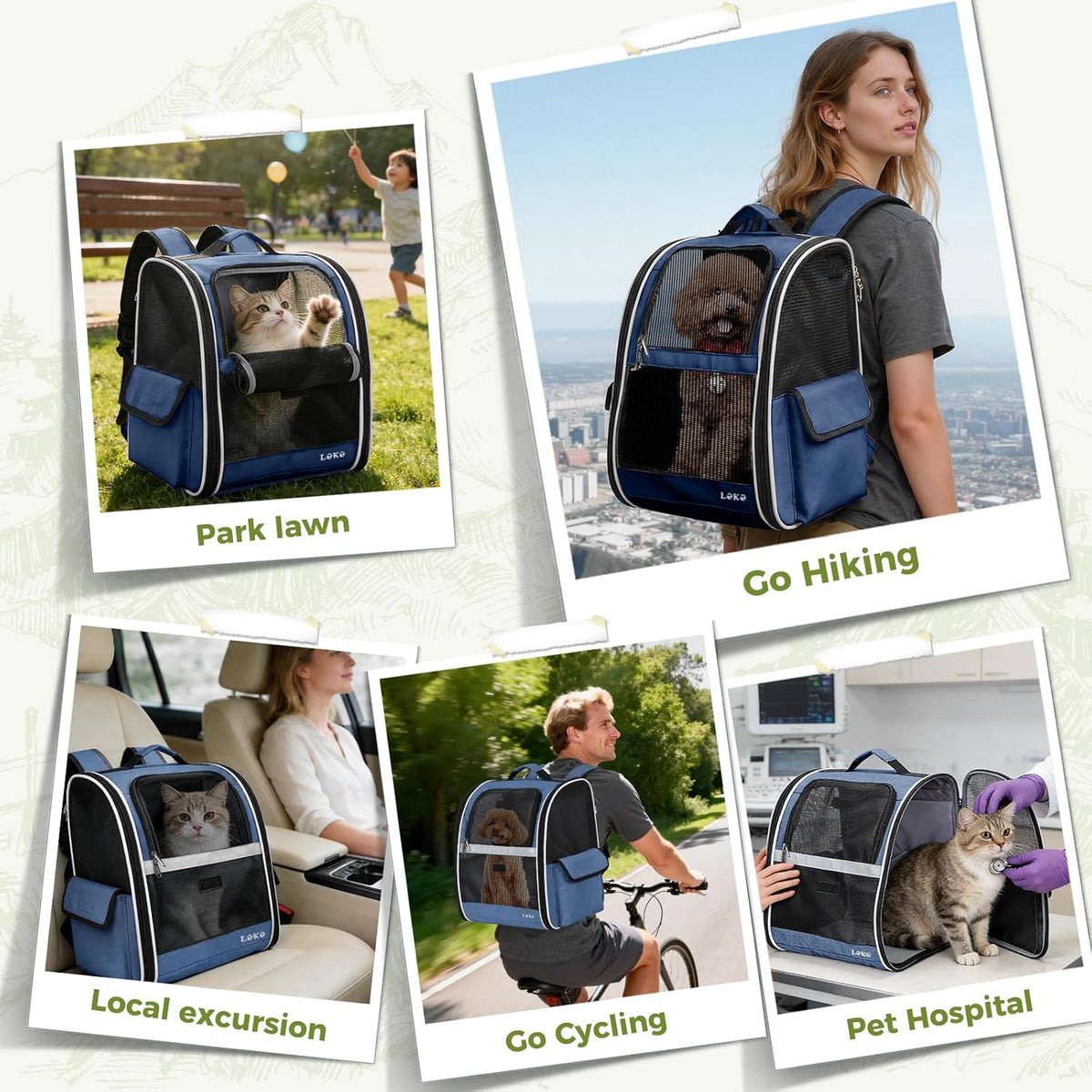 Lekereise Dog Carrier Backpack for Small Medium Dogs Cats up to 18 lbs, Breathable Pet Backpack Carrier with 3 Entrances, Collapsible Cat Backpack Carrier, Travel Hiking Puppy Backpack