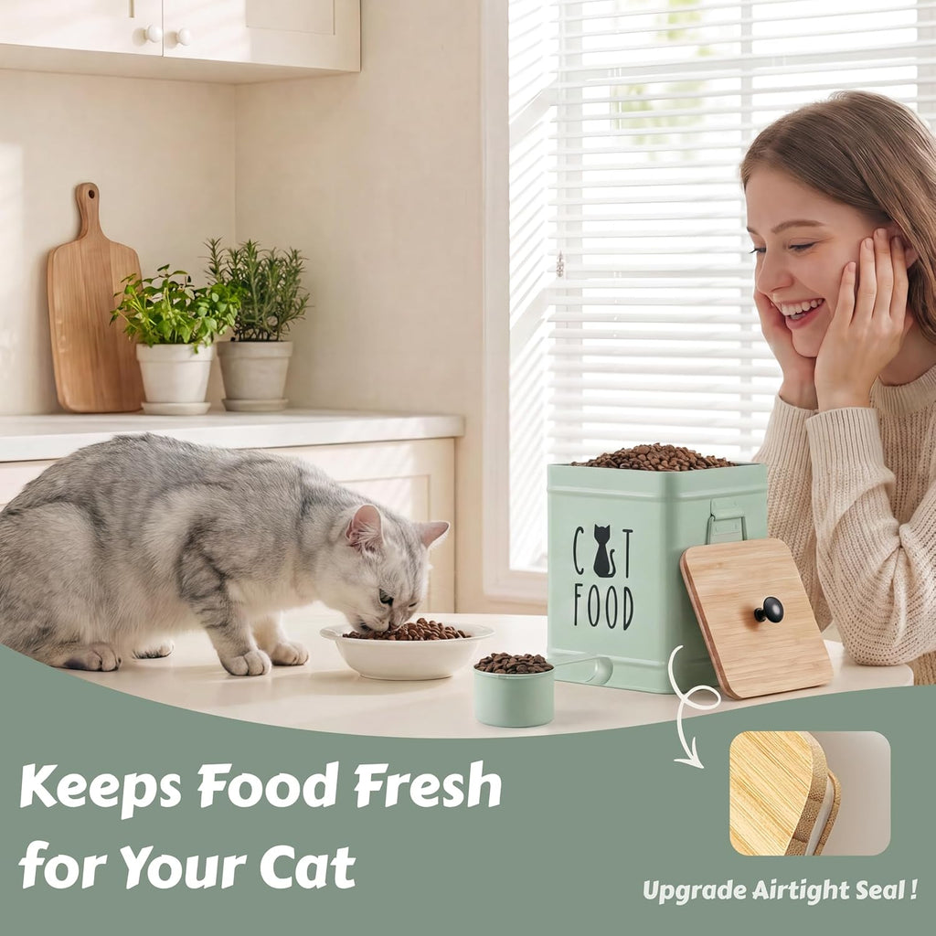 PERFNIQUE Cat Food Storage Container, Airtight Cat Treat Container with Bamboo Lid, Pet Food Storage for Kitchen Countertop, Treat Jars for Pets, Cat Food Container (Sage Green, with Spoon)