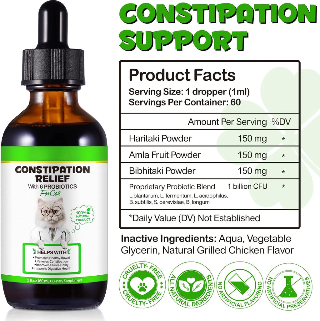 Natural Laxative for Cats with 6 Probiotics, Cat Constipation Relief Drops