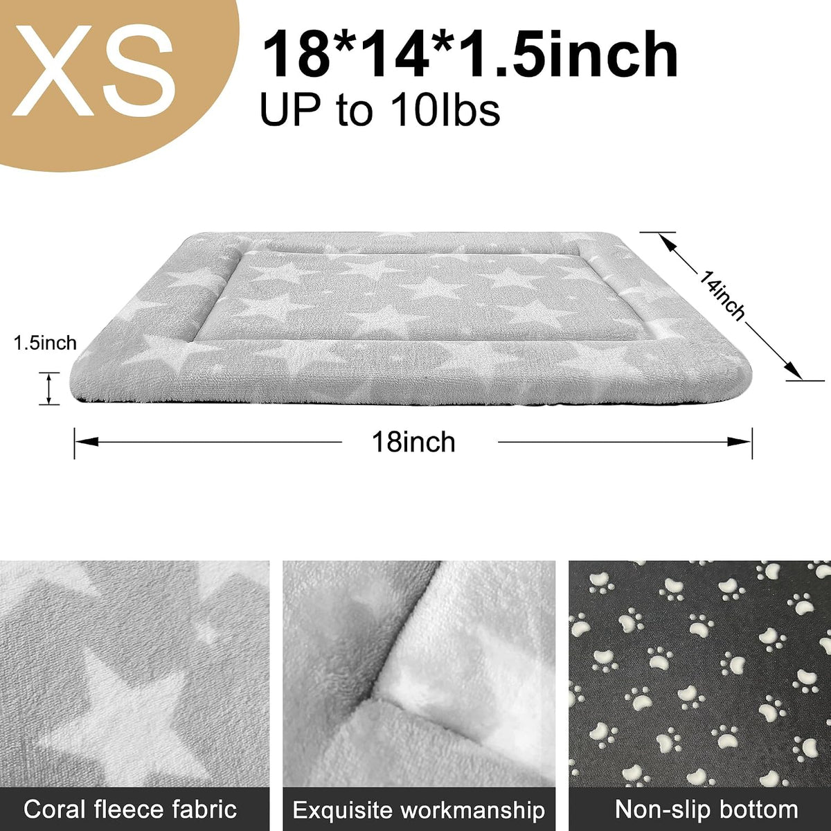 Dog Bed Mat – Soft & Comfortable Dog Kennel Pad for Crate – Durable Crate Bed & Mat for Dogs & Cats – Ideal for Crate, Kennel, and Home Use (Big&Little Stars Grey, XS(18"*14"*1.5"))