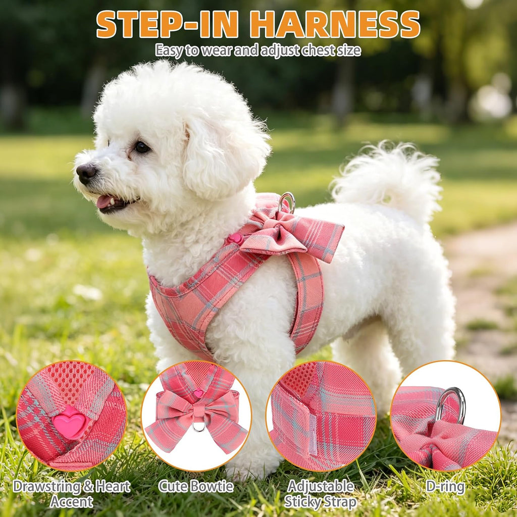 KOOLTAIL Small Dog Harness and Leash Set, Cute Puppy Vest Harnesses with Bowtie, Step in No Pull Soft Mesh Padded Adjustable Plaid Pet Harness for Extra-Samll Medium Dogs Cats, Boy Girl, Pink XS-M