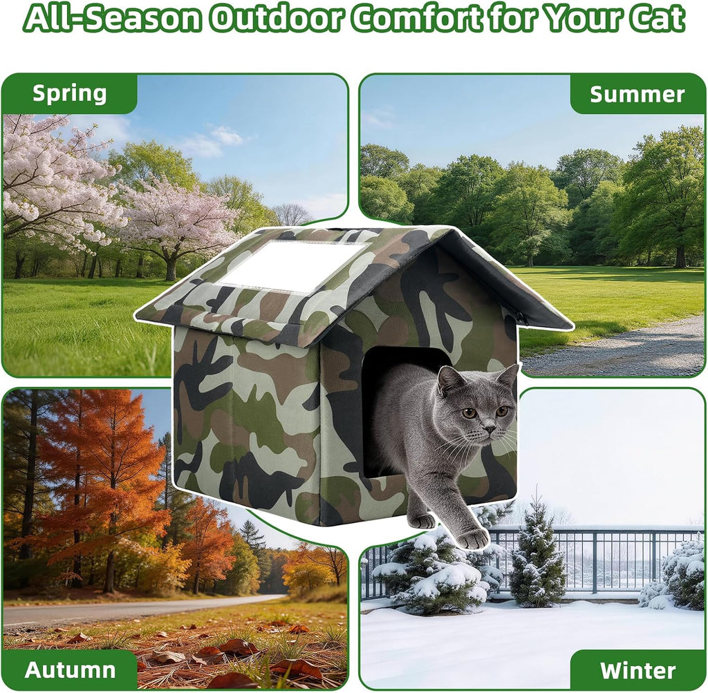 Cat House for Outdoor Cats, Weatherproof Feral Cat House with Mat and Doors, Easy to Put Together, Collapsible Warm Pet Nest Kitty Shelter for Winter, Never Blow Away
