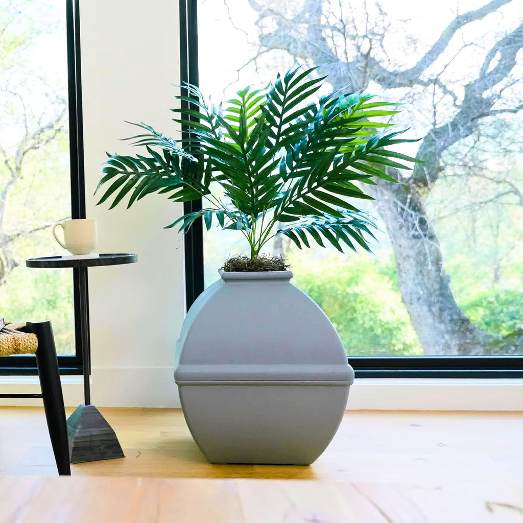 Good Pet Stuff Courtyard Hidden Litter Box Planter, Decorative Cat Litter Enclosure with Carbon Filter, Artificial Palm Plant, Square Design, Easy to Clean, Base Kit, Stone Gray