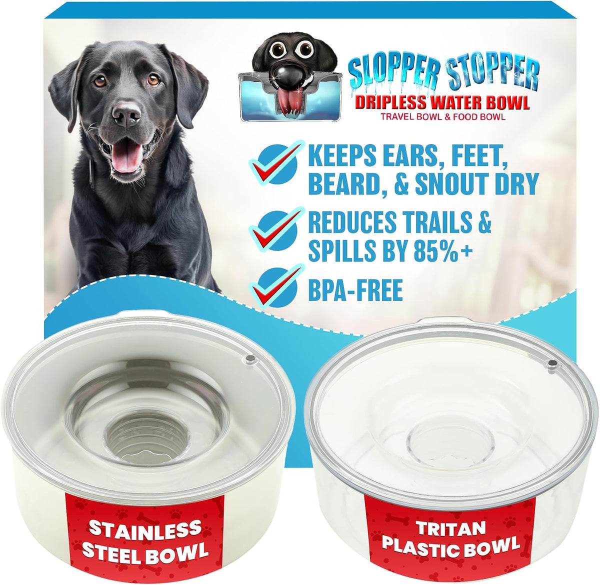 Stainless Steel Dripless Water Bowl with Tritan Plastic Lid, Holds 1 Gal, Reduces Spills & Trails Up to 85%+, Water Bowl for Giant Breed Dogs (86-130 lbs), The Original Slobber Stopper 