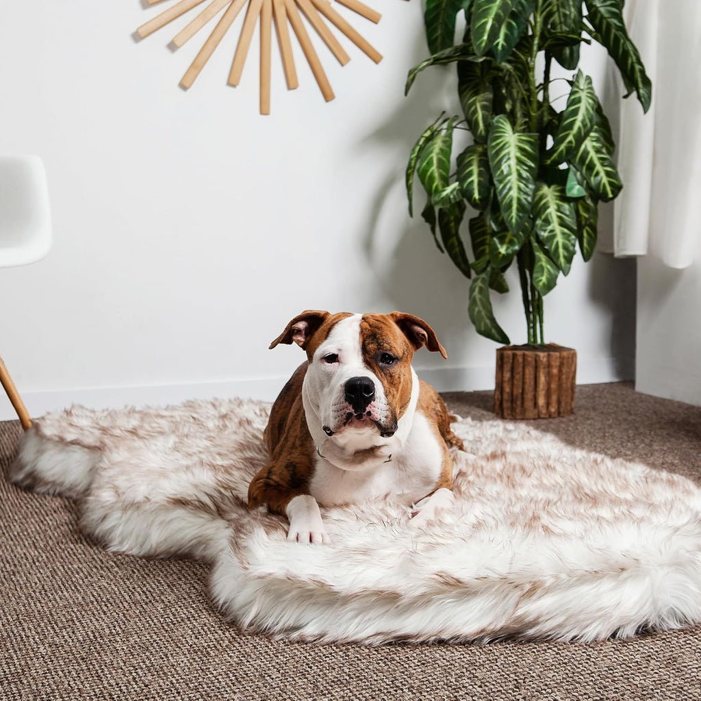 Faux Fur Orthopedic Dog Bed, Memory Foam, White w/Brown Tips 60"x35"