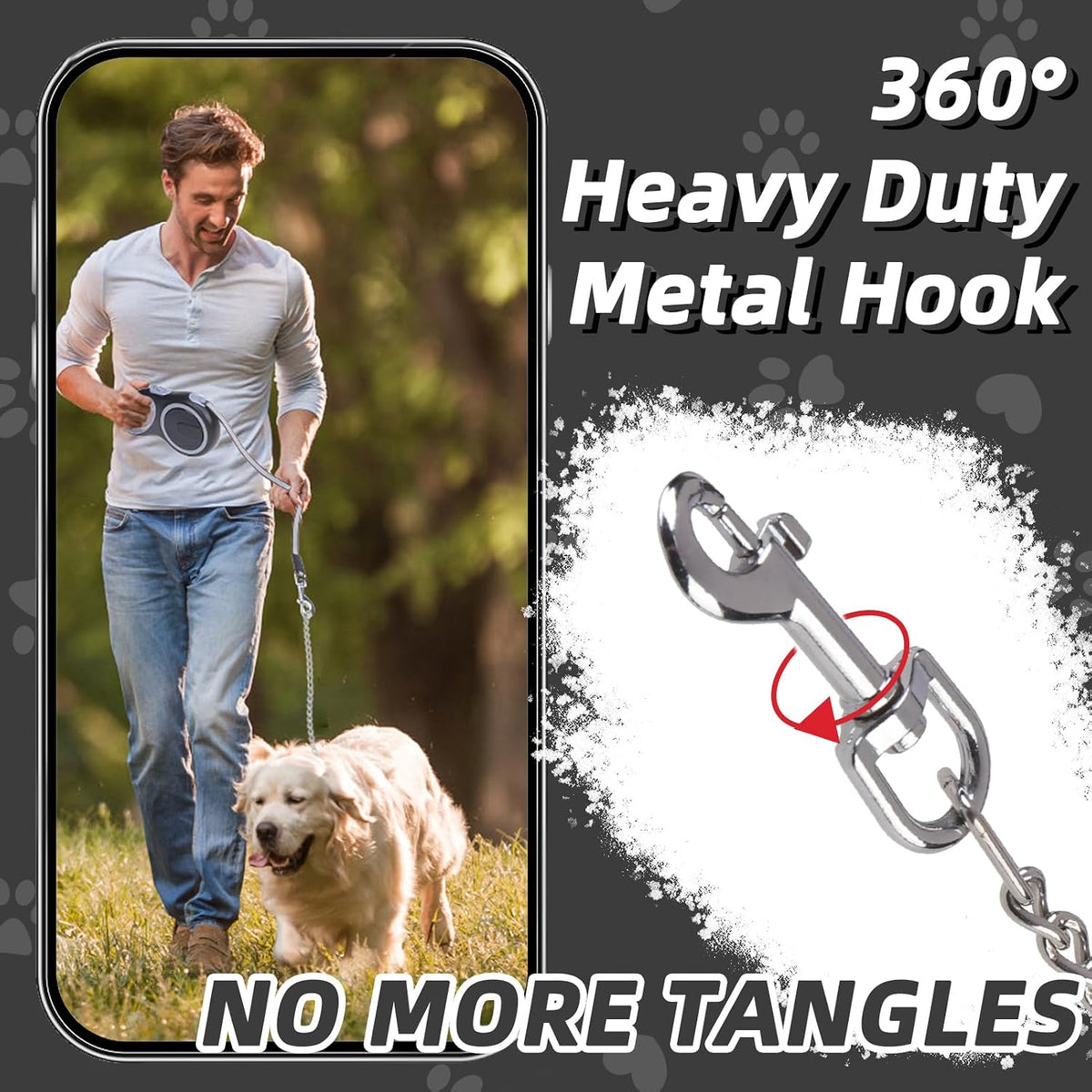 PUPTECK Retractable Dog Leash with Detachable Chew Proof Cable, Black, 26ft