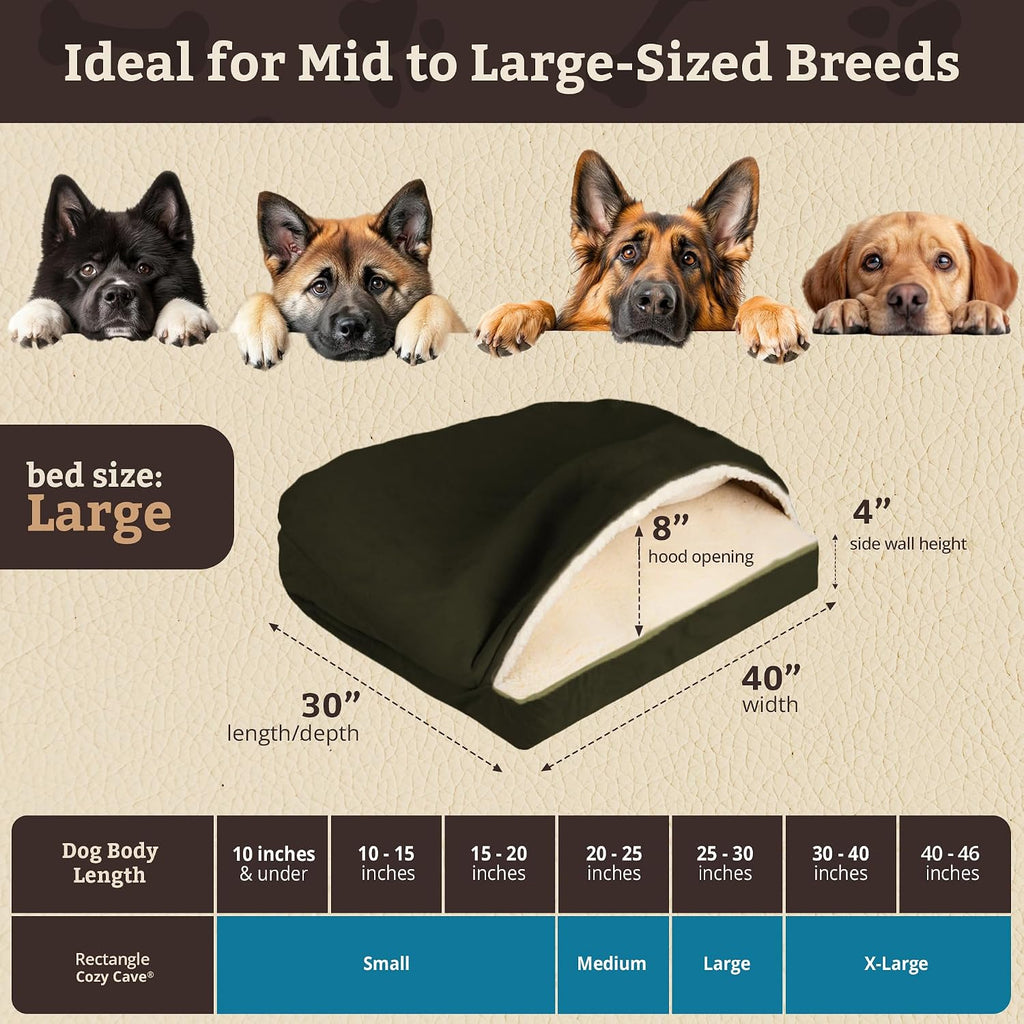 Snoozer Rectangle Cozy Cave Dog Bed, Hooded Dog Bed, Olive (L)