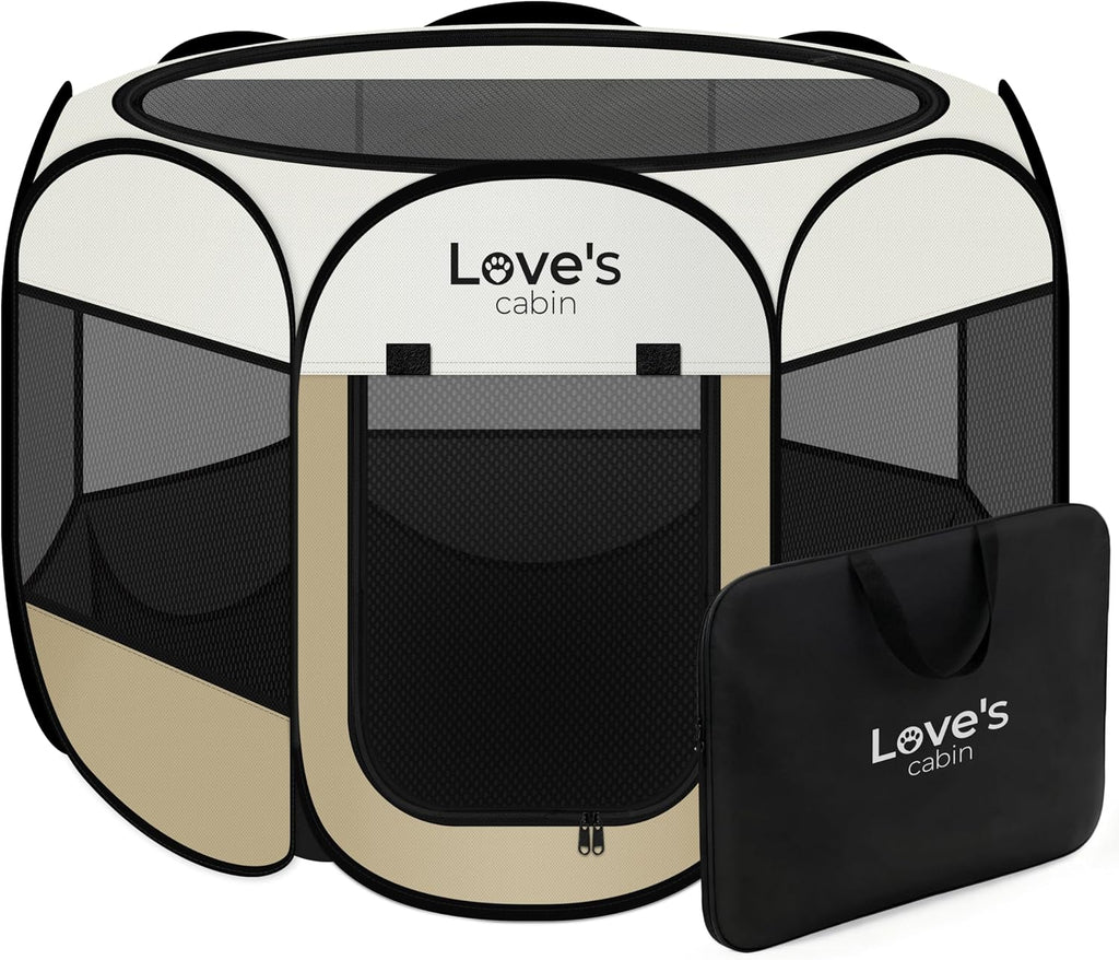 Love's cabin Pet Puppy Dog Playpen, Large Dog Tent Crates Cage Indoor/Outdoor, Portable Playpen for Cat, Foldable Pop Up Dog Kennel Playpen with Carring Case, Removable Zipper Top, Khaki