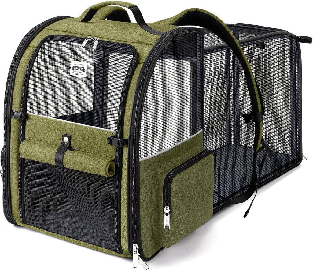 Large Cat Backpack Carrier Expandable Pet Carrier Backpack for Small Dogs Medium Cats Fit Up to 18 Lbs, Dog Backpack Carrier, Foldable Puppy Backpack Carrier for Travel, Hiking,Dark Green