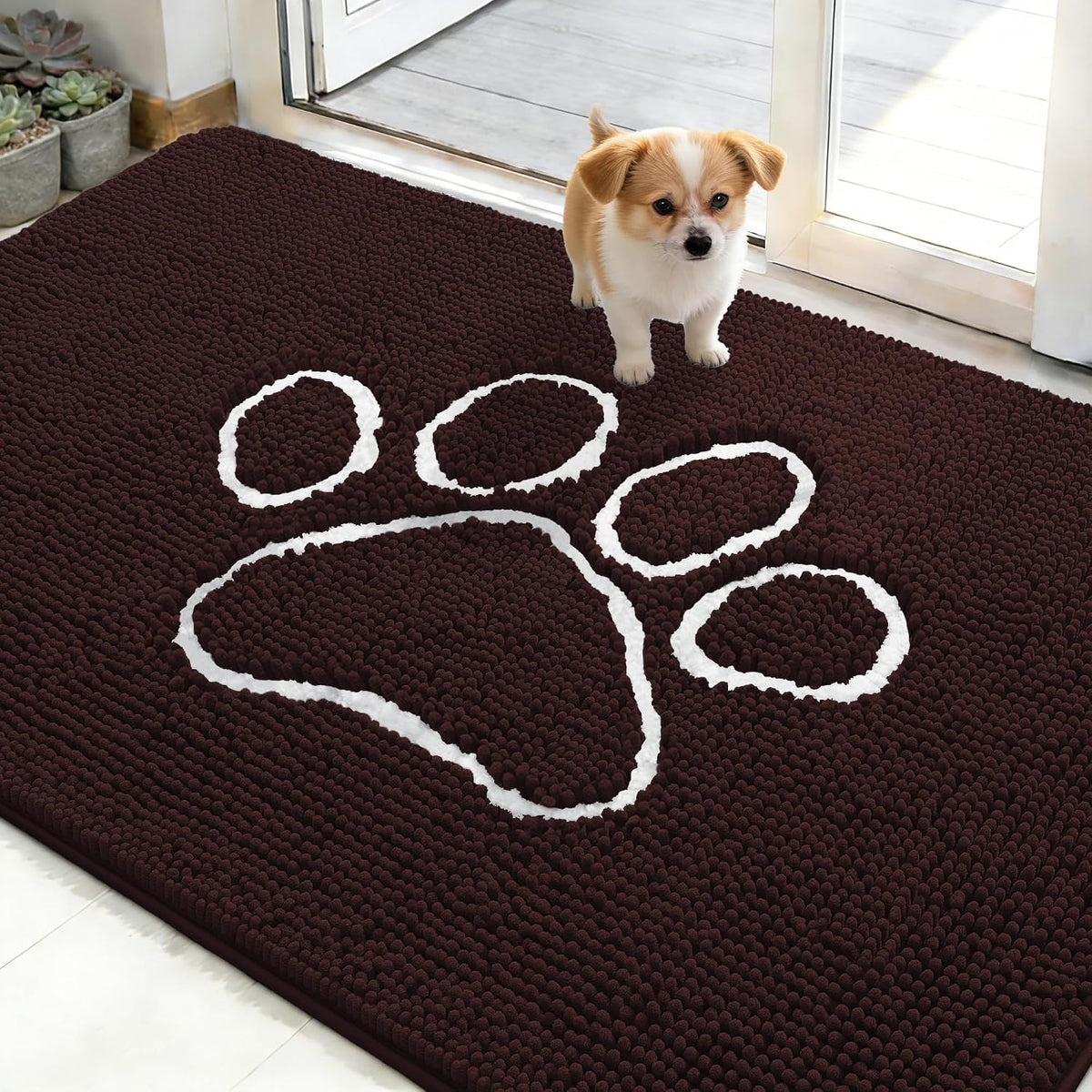 OLANLY Dog Door Mat for Muddy Paws 48x30, Paw Print Design Chenille Mud Mat