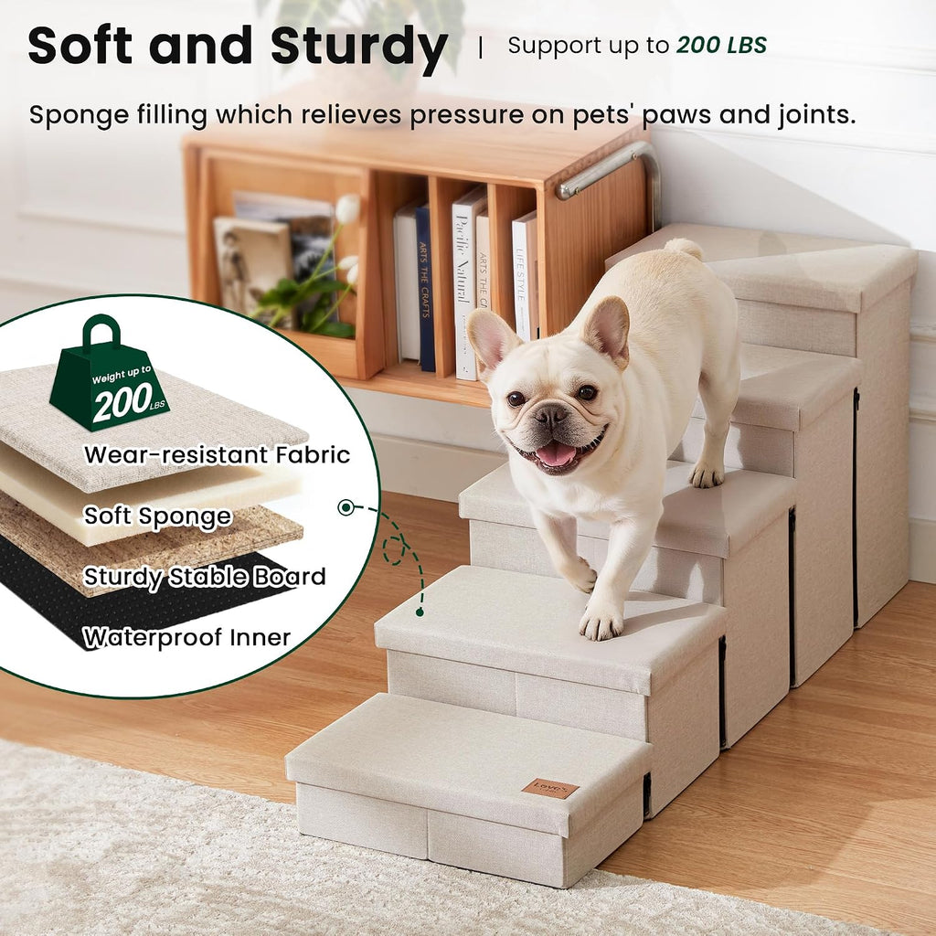 Love's cabin Dog Stairs for High Bed, Foldable Pet Stairs for Small Medium or Large Dogs Puppy with Storage for Bed or Couch, Cat Dog Steps Ramp with Zip up to 200 lbs, Beige, 5 Steps