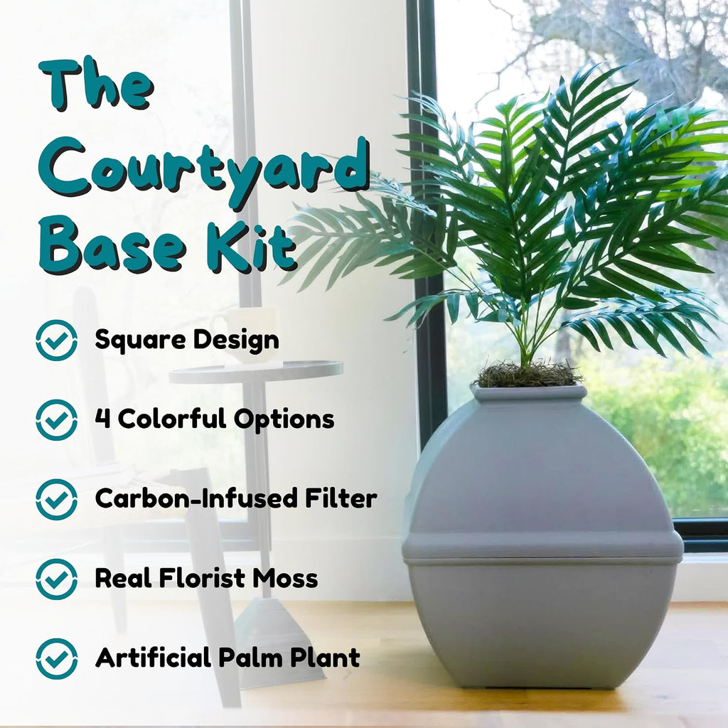 Good Pet Stuff Courtyard Hidden Litter Box Planter, Decorative Cat Litter Enclosure with Carbon Filter, Artificial Palm Plant, Square Design, Easy to Clean, Base Kit, Stone Gray