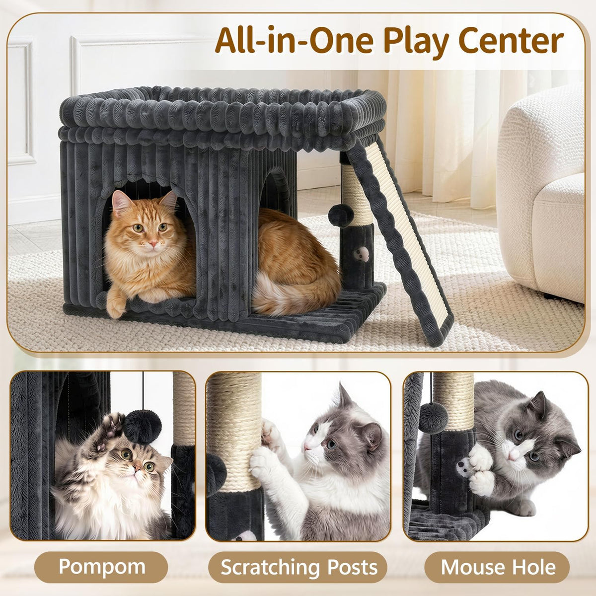 Cat Tree Tower with 15.7x23.6 Perch Bed, Dark Gray Striped Fabric