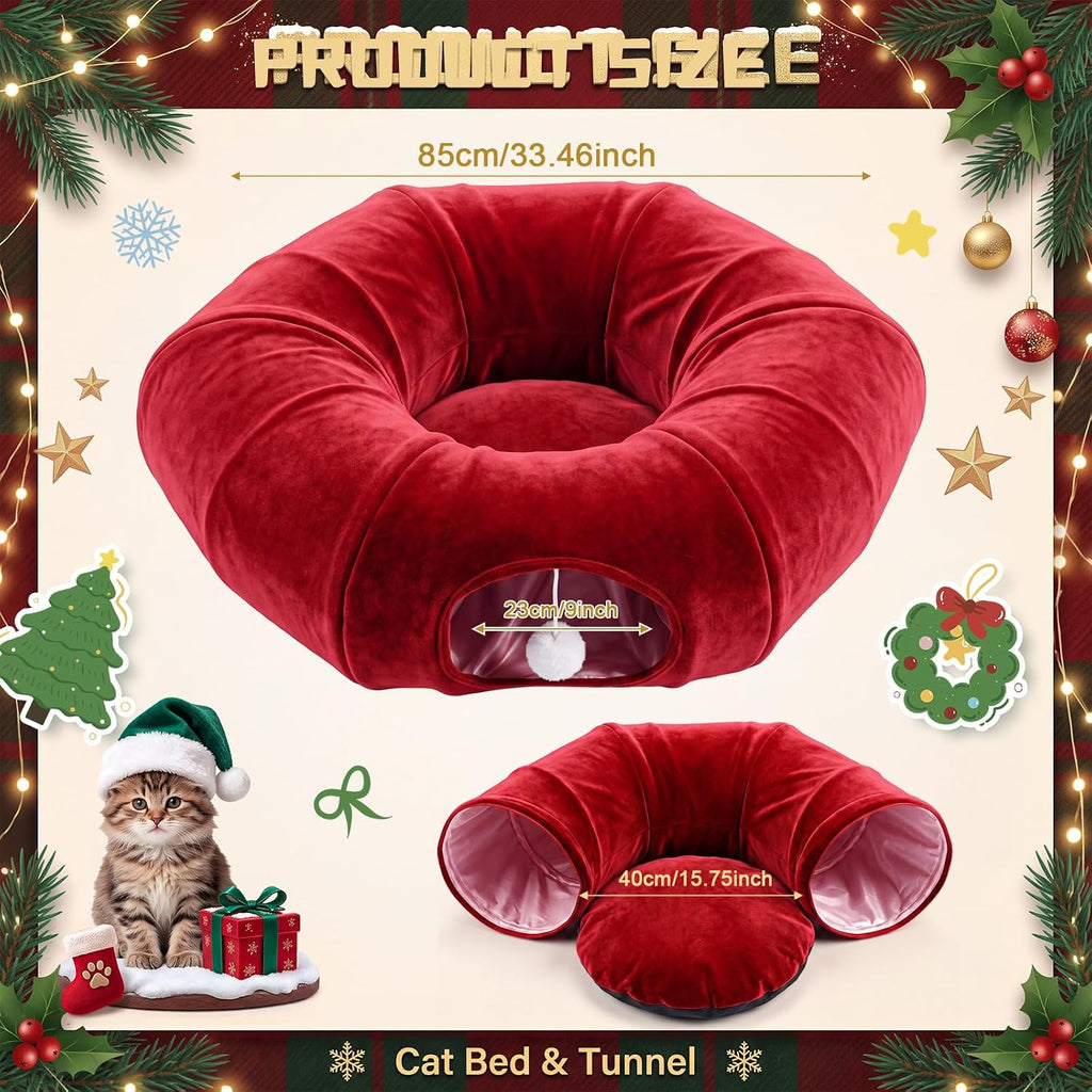 Thyle Christmas Cat Tunnel Bed, Burgundy, 2.4ft X 2.4ft X 11.8in, Velvet