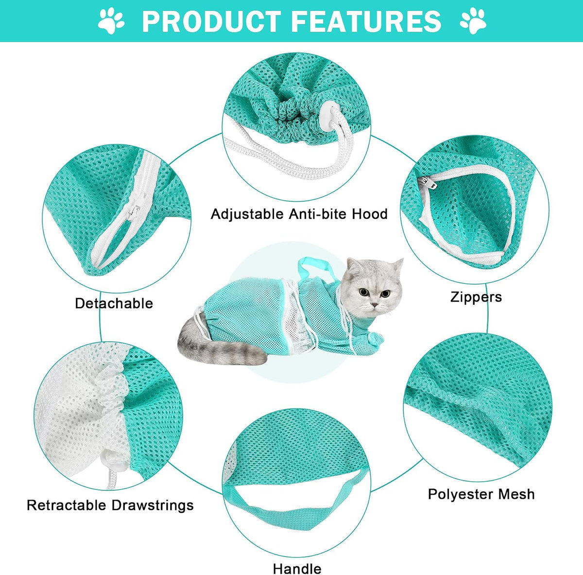 JULMELON 10 PCS Cat Washing Bag for Bath Shower Adjustable Net Grooming Set | Pet Brush Nail Clipper File, Hair Combs Tick Tool, Nail Caps, Bathing Trimming Examination, Grey and Green 