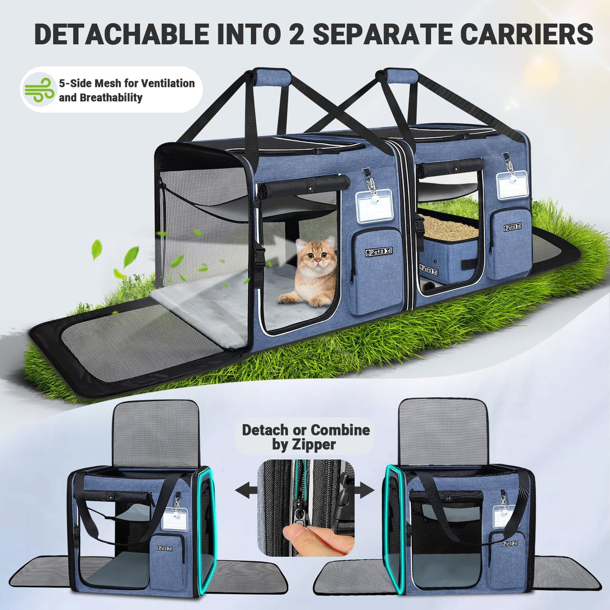 Petskd 2 in 1 Double Cat Car Travel Carrier with Litter Box, Blue