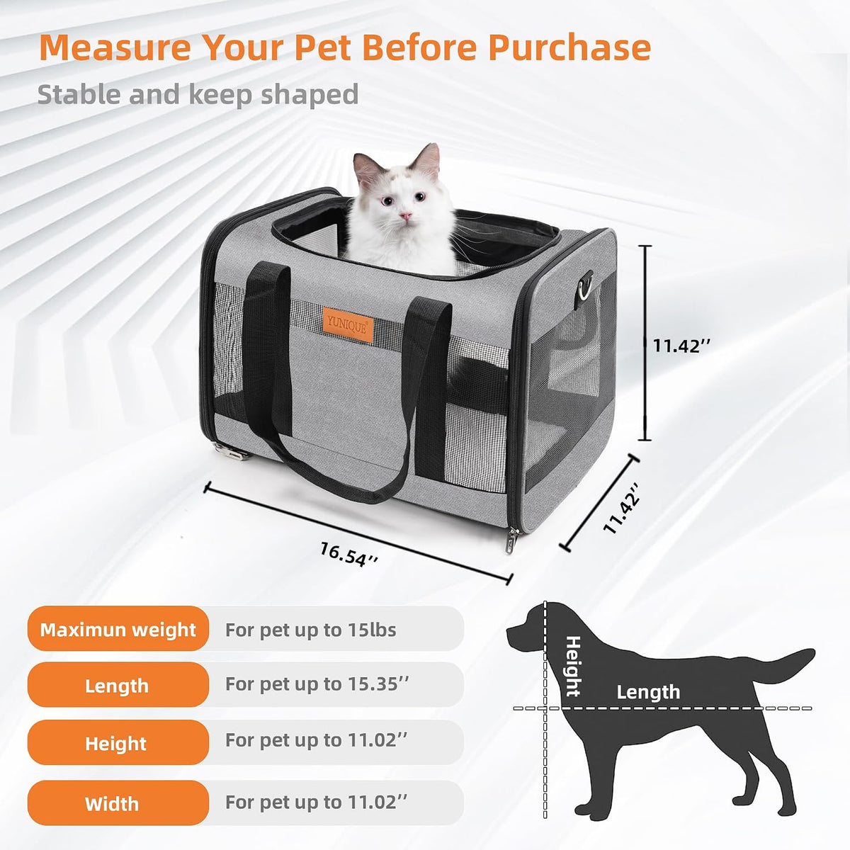 YUNIQUE Soft-Sided Cat & Dog Carrier for Pets Up to 15 Lbs, Airline Approved Collapsible Travel Puppy Carrier with Lightweight Fabric Design (Grey)