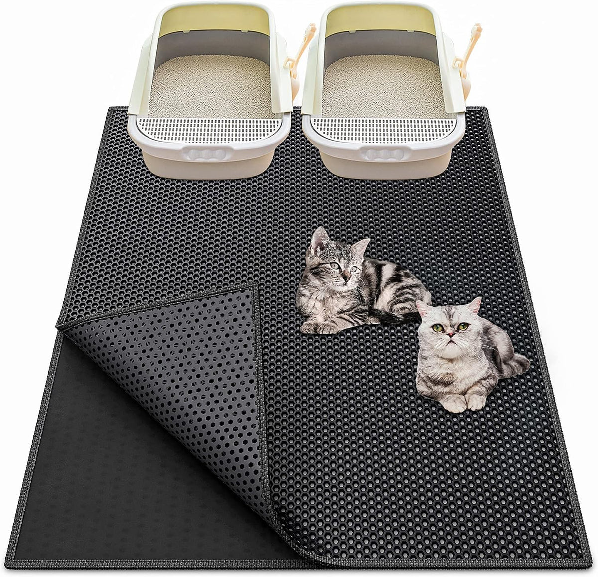 Waretary Cat Litter Mat, 36"x30", Waterproof, Scatter Control, Black | Double Layer, Urine-Proof, Non-Slip, Durable, Easy to Clean, Paw-Friendly, Safe & Odorless, Fits Large Litter Boxes