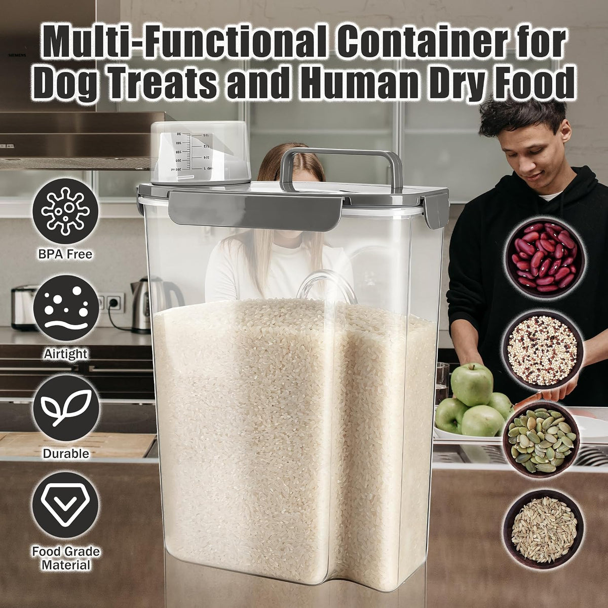 TIOVERY Dog Food Storage Container, 10 Lbs Airtight Pet Food Containers, Cat Food Container Dispenser Bin with Pouring Spout, Portable Handle & Measuring Cup for Dog Treats, Cat Kibble, Bird Feed Grey