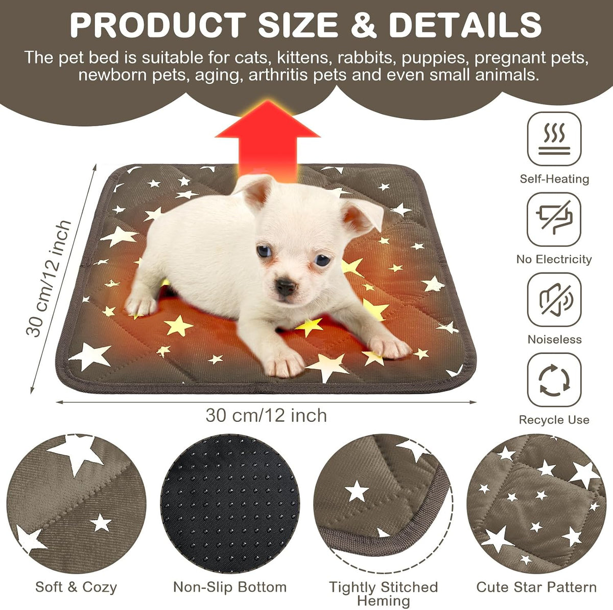 Namalu 4 Pack Self Warming Cat Bed, Brown, 12'' X 12'', Square