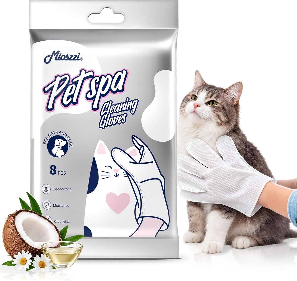 Pet Grooming Gloves Wipes for Cat Dander Remover, No-Rinse, Unscented
