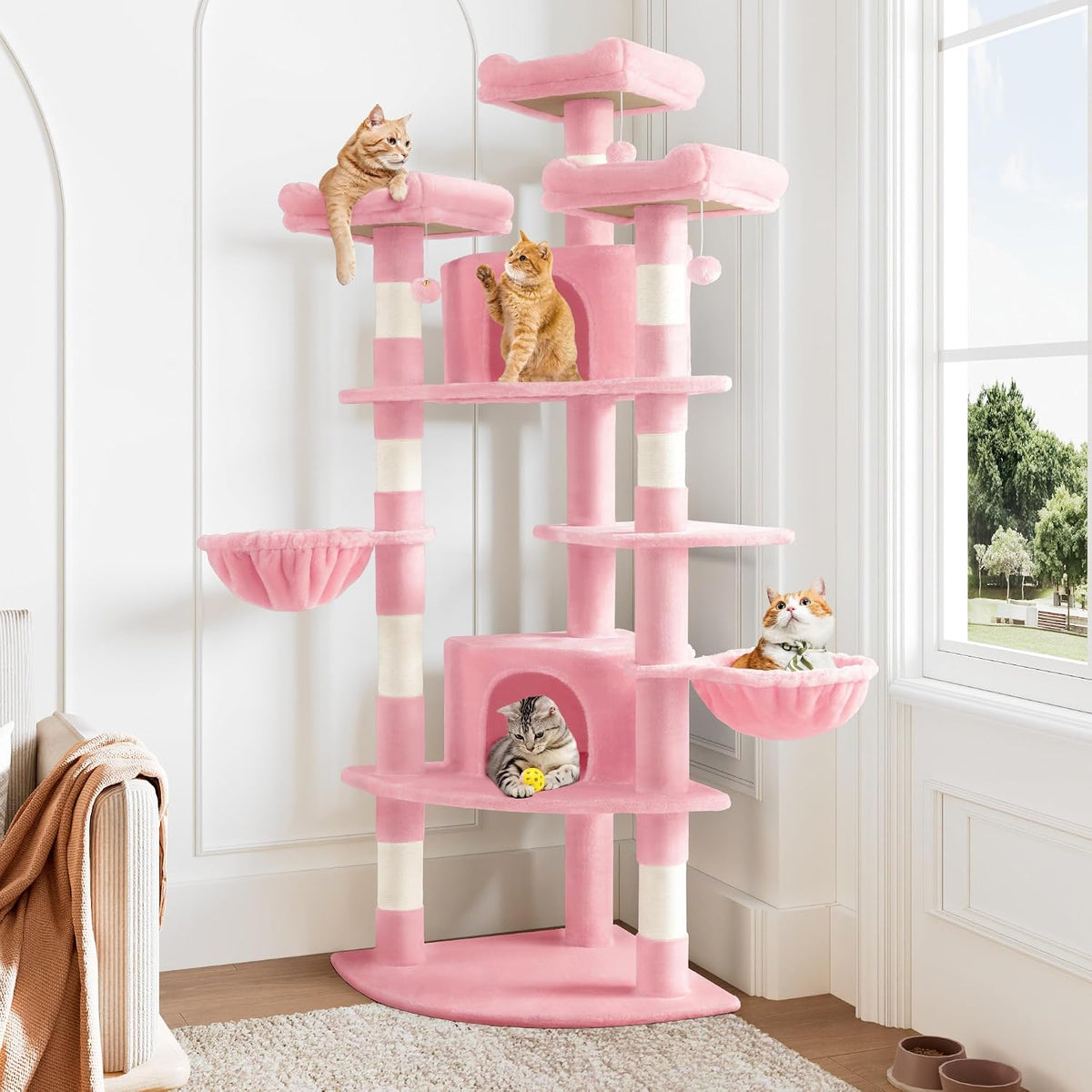 Allewie 73in Fan-Shaped Space-Saving Corner Cat Tower/Multi-Level Tall Cat Tree for Indoor Kitties/Cozy Baskets/Condos/House/Perches/Sisal Scratching Posts/Pet Activity Center/Pink