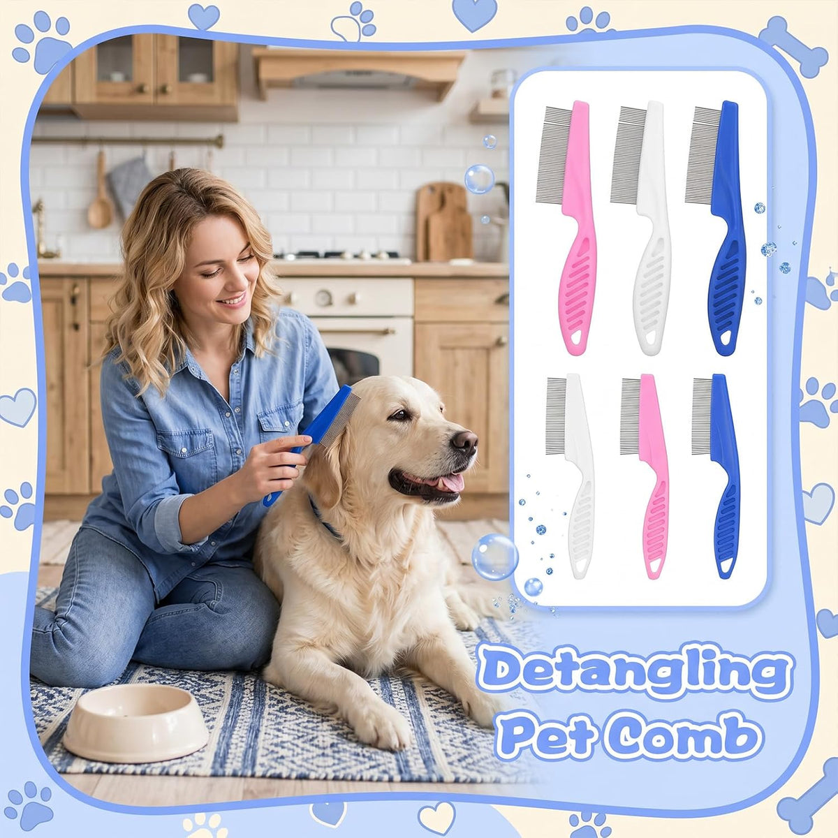 24 Pcs Flea Comb for Cats and Dogs, Stainless Steel Metal Teeth Detangling Grooming Tool, 12 Large 12 Small, White Pink Blue, 2 Sizes
