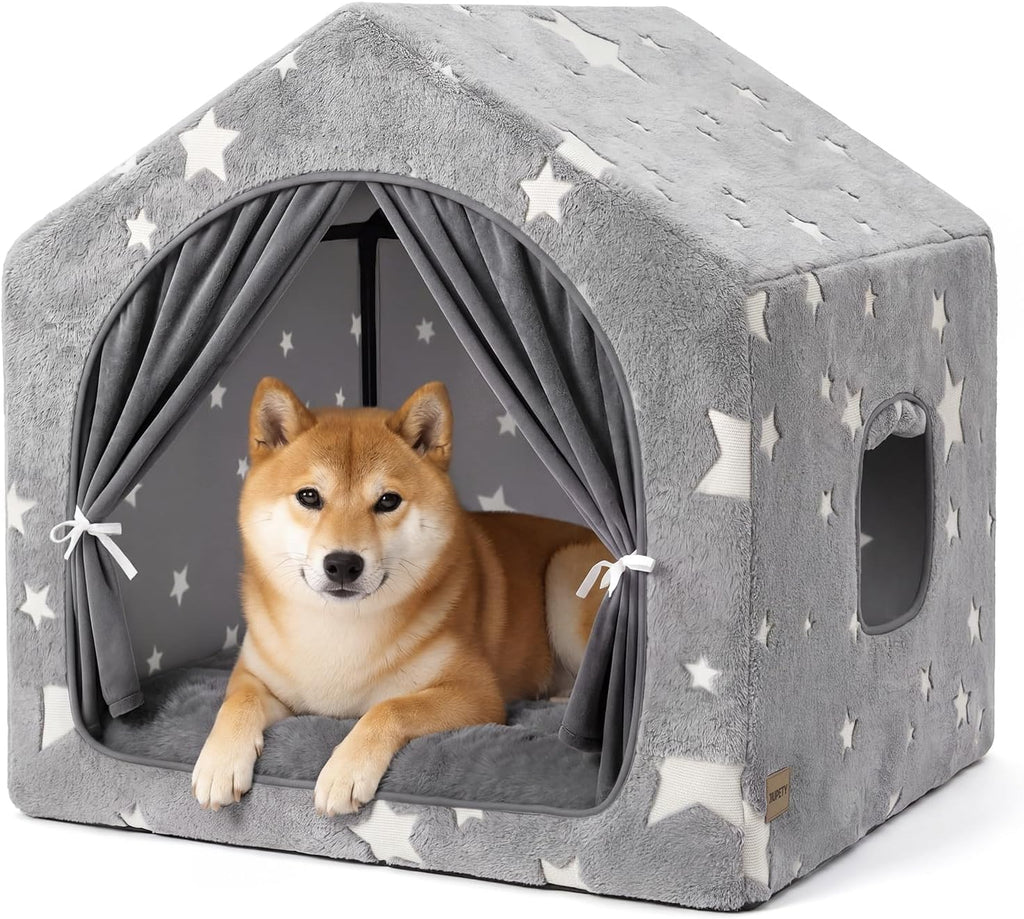 Indoor Dog House with Frame,Glow Dog Tent Bed with Cover Cave,Grey Large