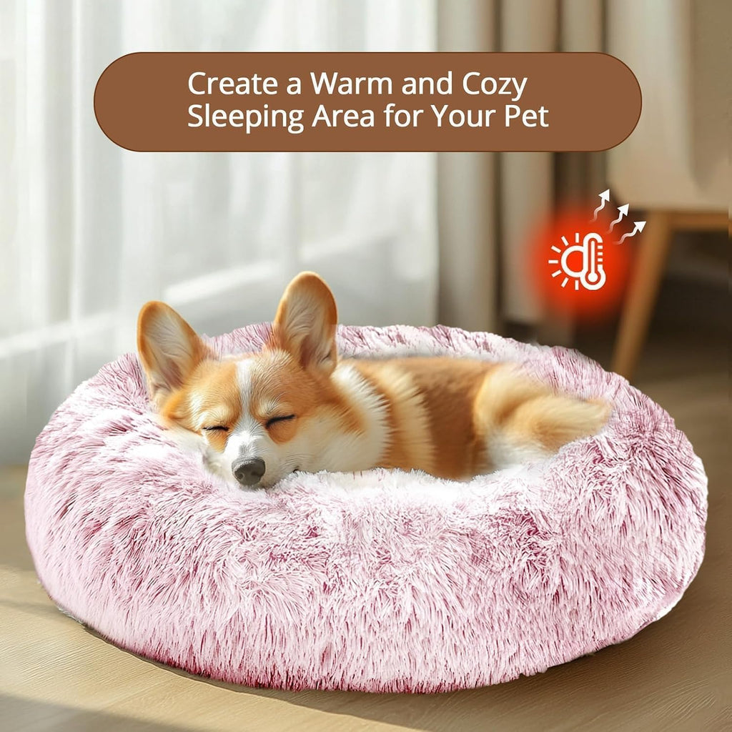 JOLLYVOGUE Calming Small Pink Dog & Cat Bed for Indoor Cats - 20 inches Washable Donut Bed for Kittens & Puppies, Anti-Anxiety Round Fluffy Plush Pet Beds (Fits up to 15 lbs, Smoke Pink)