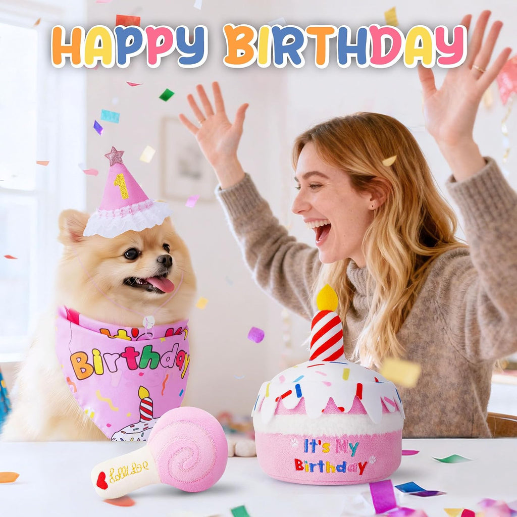 KIPRITII Dog Birthday Supplies with Cake Toys, Bandana & Hat for Small Dog | Photo-Ready Fun,Squeaky Birthday Toys,Dress-Up Fun,Adjustable Number Design,Soft Plush