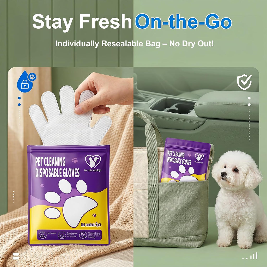 Dog & Cat Pet Cleaning Gloves – No-Rinse Disposable Wipes, Hypoallergenic