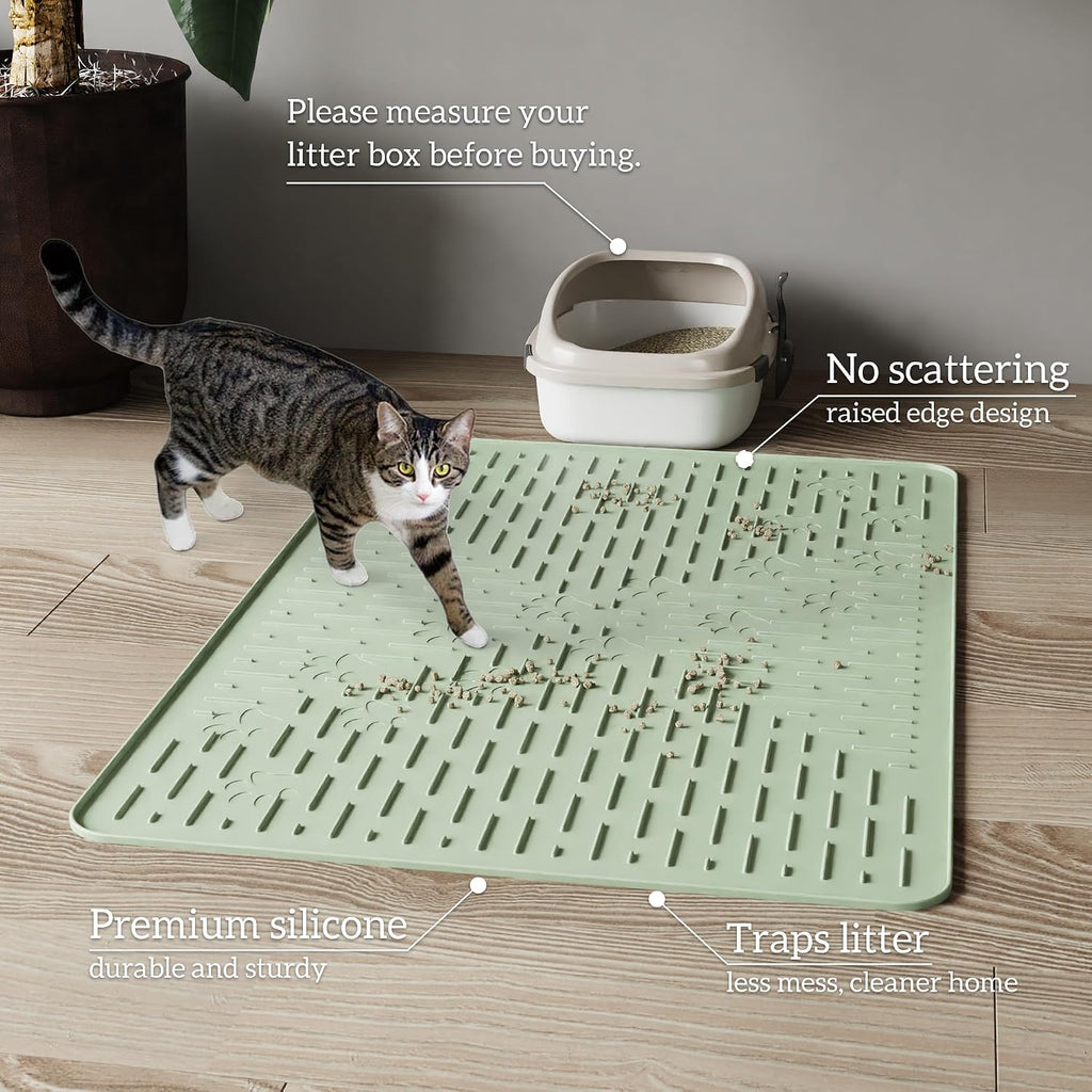 OHMO XL Cat Litter Mat, 37.5x25.2 Silicone Trapping Mat Sage Green | for Kitty Litter Box, Easy Clean, BPA Free Rubber, Center Litter Collection, Easy Pour-Back, Waterproof, Odor-Resistant