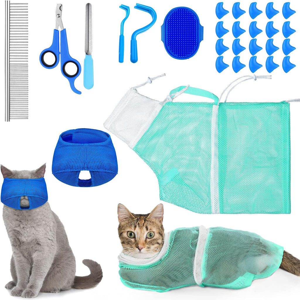 9 Pcs Cat Bathing Bag Set Cat Shower Bag, Blue, Turquoise