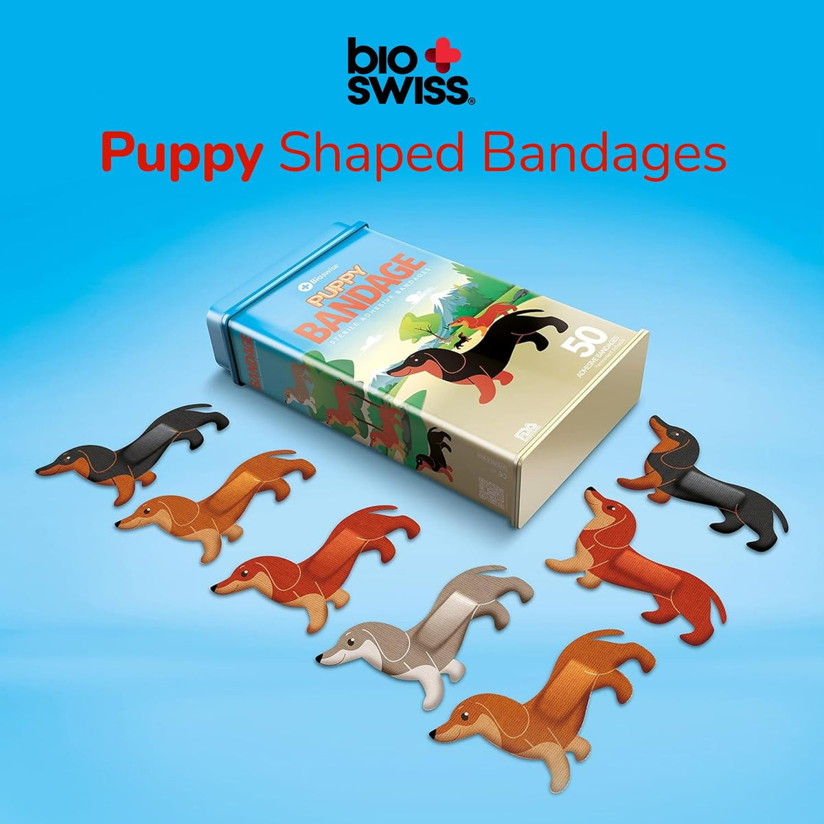 BioSwiss Bandages, Puppy Shaped Self Adhesive Bandage Set, Latex Free, Sterile Wound Care, 50 Count