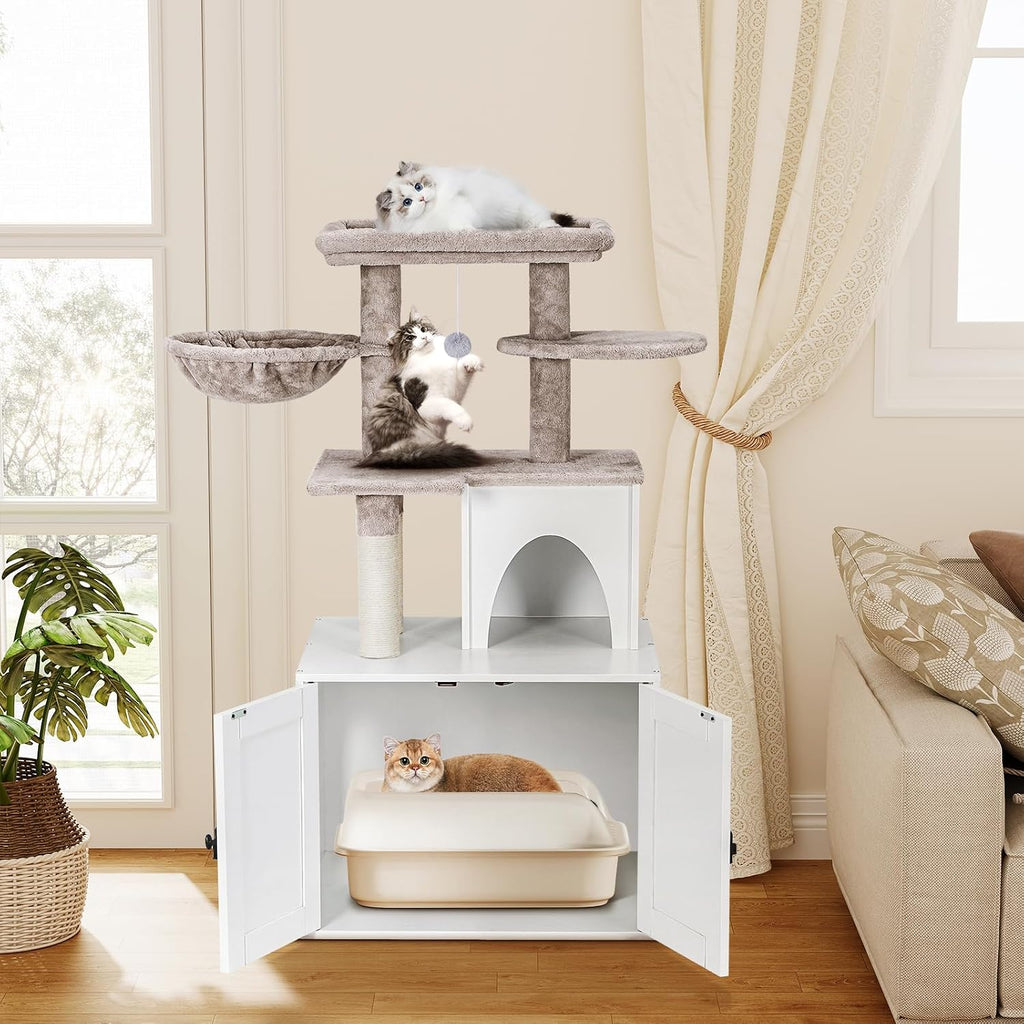 Snughome Cat Litter Box Enclosure with Cat Tree Tower and Condo, Hidden Washroom Furniture with Sisal Scratching Post and Soft Plush Perch, Wooden Cat Furniture with Multiple Platforms, White