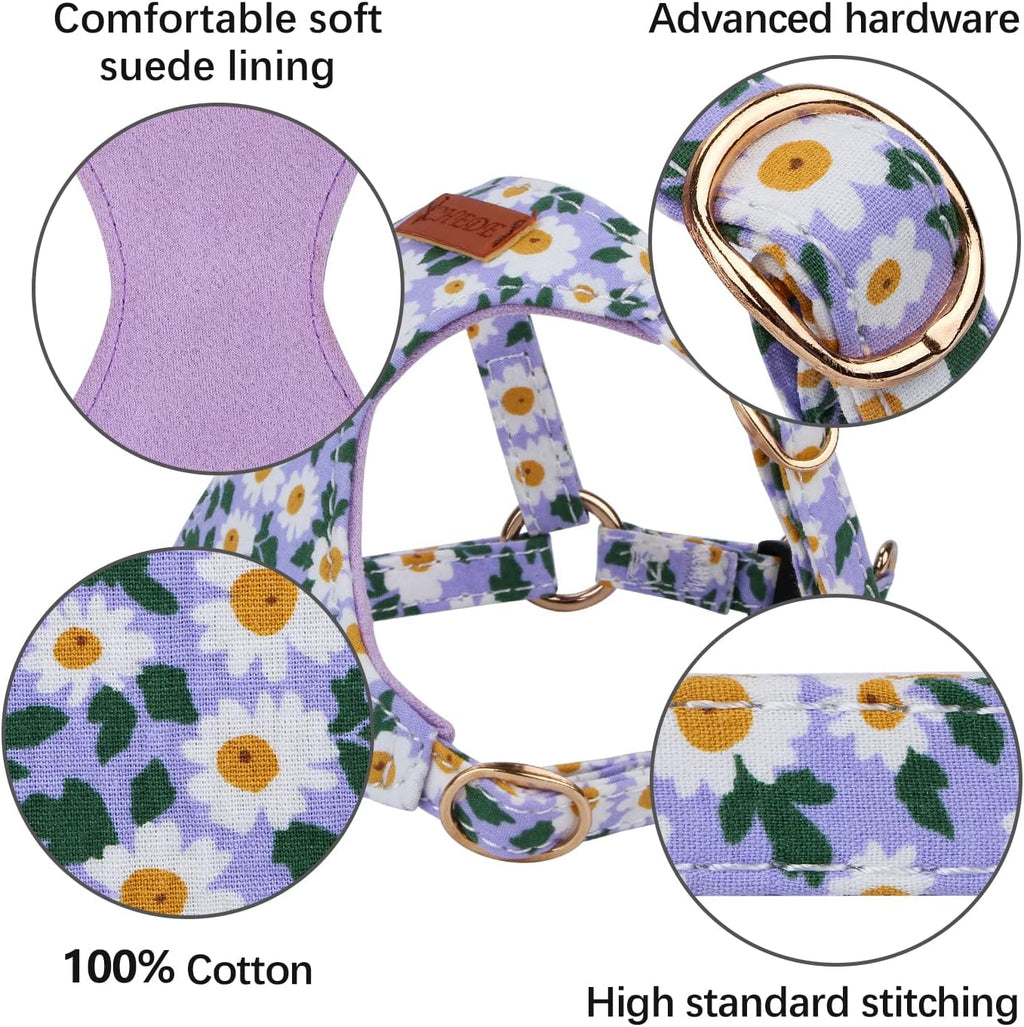 CHEDE No Pull Floral Pattern Dog Harness- Lightweight and Soft Harness, Adjustable Small Dog Harness and Leash Set, with Dog Leash, Suitable for Puppy Small and Medium-Sized Dog (S, Purple Daisy)