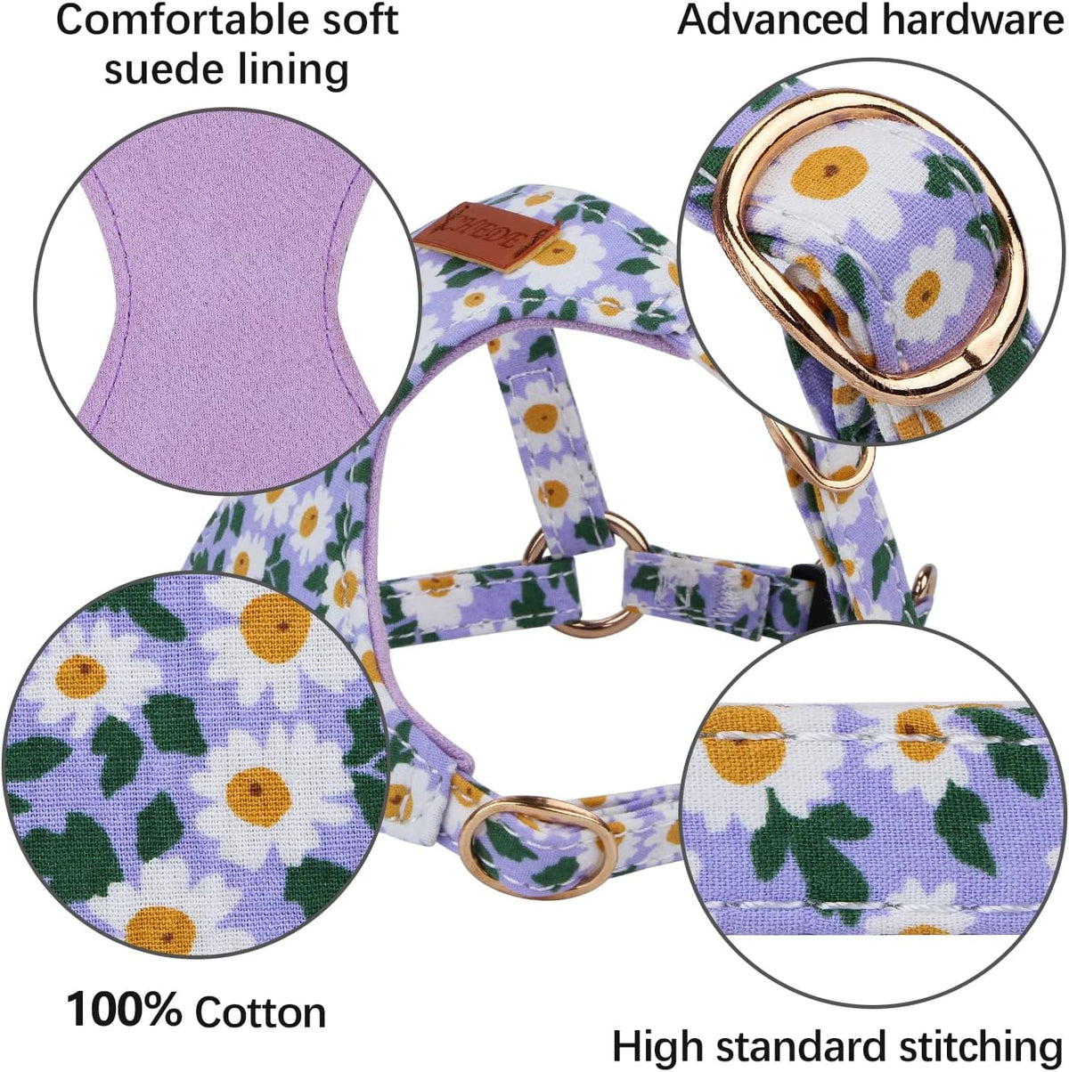 CHEDE No Pull Floral Pattern Dog Harness- Lightweight and Soft Harness, Adjustable Small Dog Harness and Leash Set, with Dog Leash, Suitable for Puppy Small and Medium-Sized Dog (S, Purple Daisy)