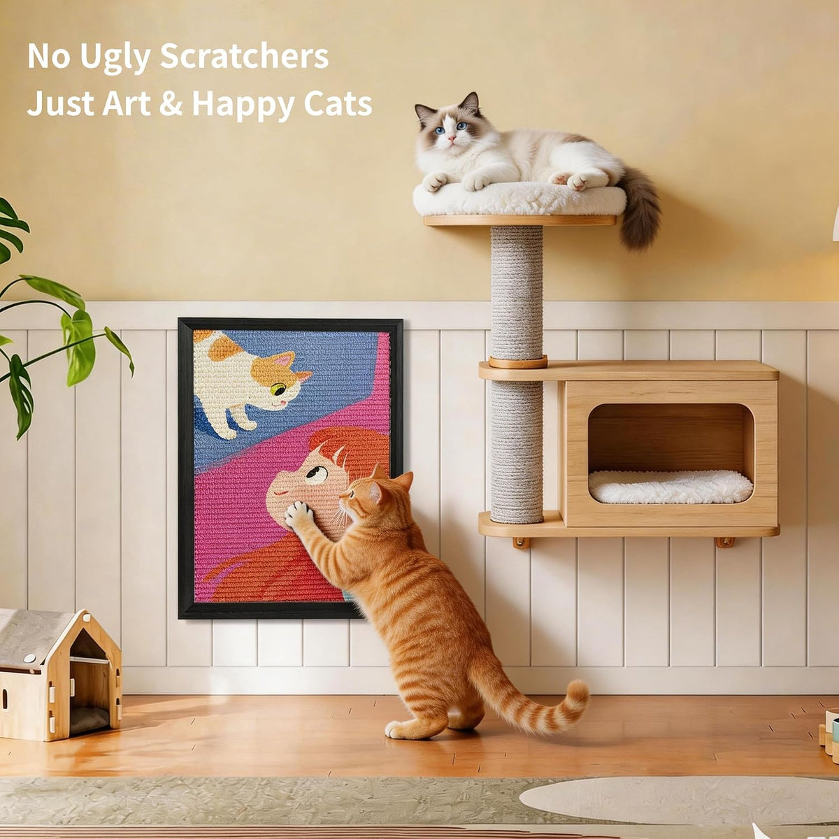 Decorative Wall Art Cat Scratcher for Indoor Cats, Wall Mounted Sisal Cat Scratching Board with Solid Wood Frame, Furniture Protector, Easy No-Drill Install, 17 x 13 in
