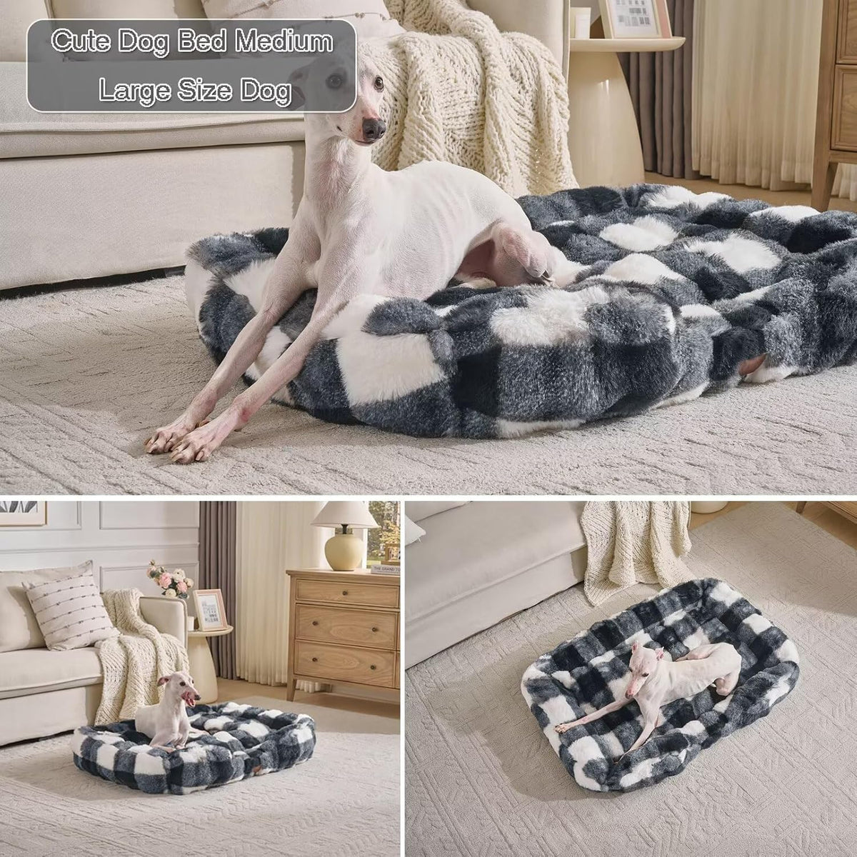 Washable Orthopedic Dog Bed,Rectangle Fleece & Luxury Pet Bed with Removable Zipper Cover & Anti-Slip Bottom,Suitable for Medium Large Dogs,30x25x7.5inches,Black/White