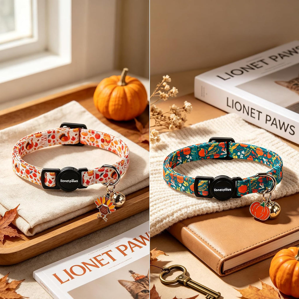 lionet paws 2 Pack Cat Collar Breakaway with Bells-Fall Teal Pumpkin Turkey