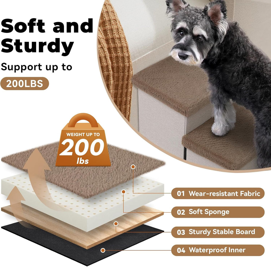 Zerbuger Dog Stairs with Storage Khaki Furry Lids 3 Steps Dog Ramp no Condo
