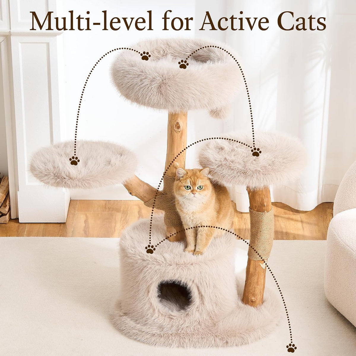 HITTITE Natural Wood Cat Tree Tower with Scratching Post, 40 Inches Tall Modern Cat Tower with Cozy Bed and Condo, Luxury Real Branch Cat Tree for Indoor Cats Large Adult, Khaki.